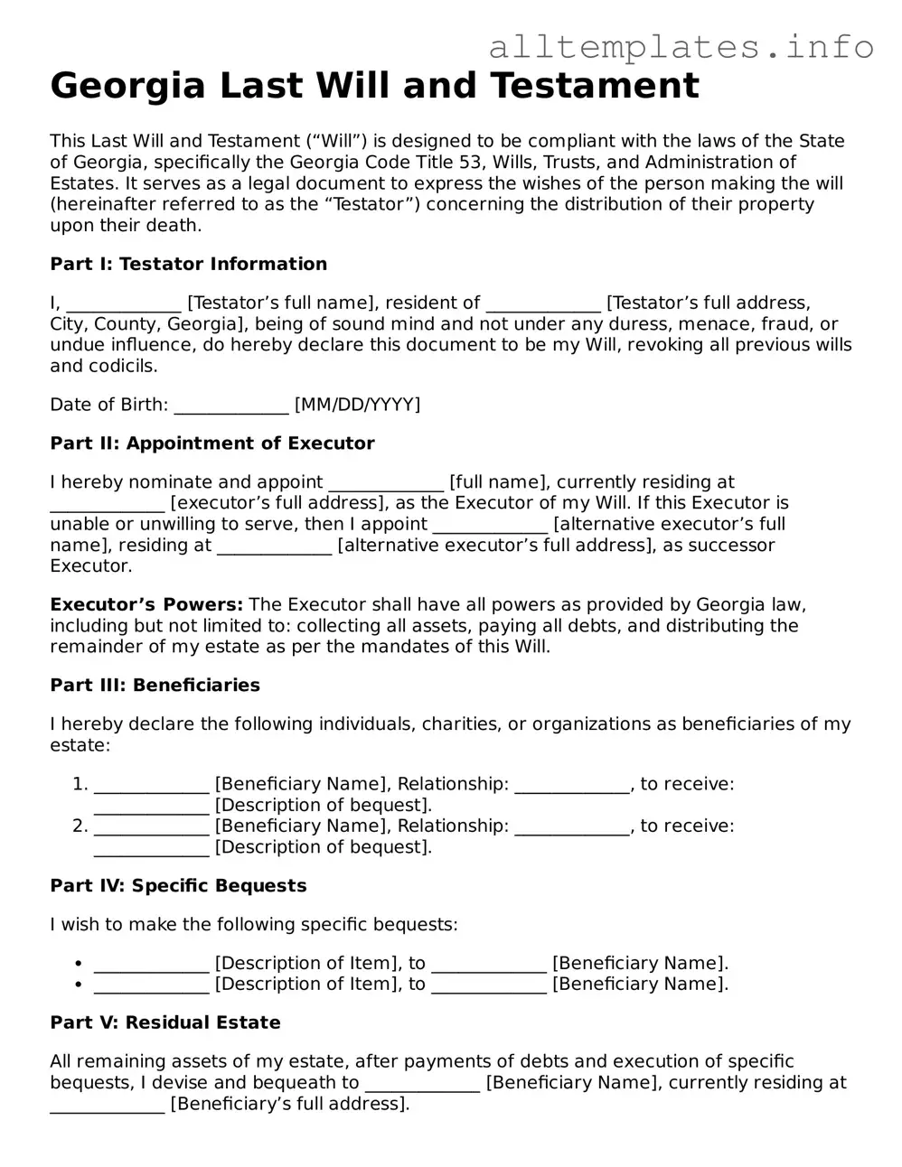 Attorney-Approved  Last Will and Testament Document for Georgia