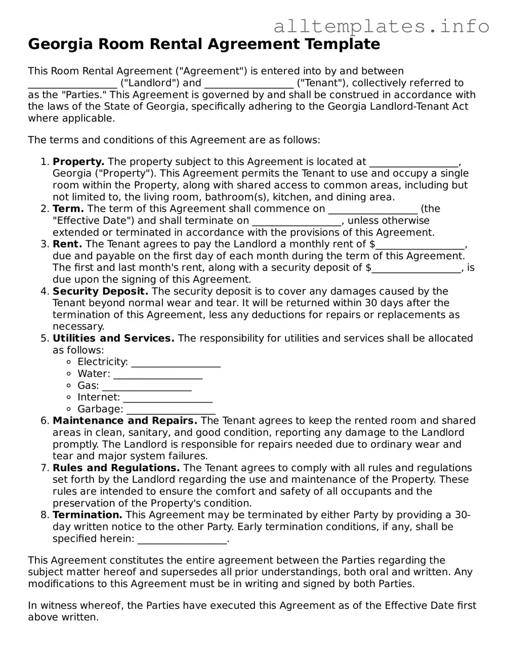 Attorney-Approved  Room Rental Agreement Document for Georgia