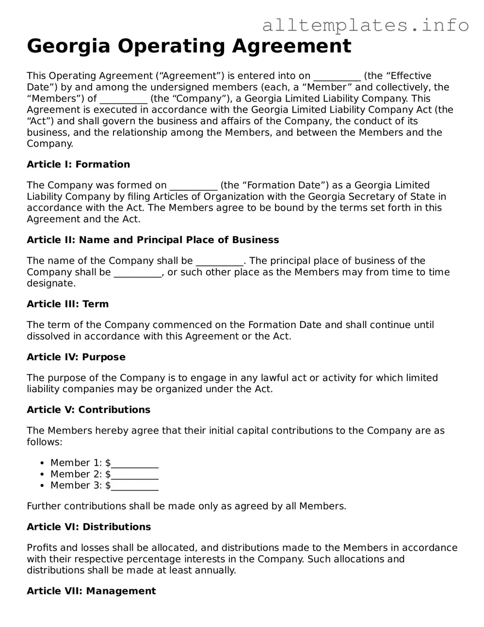Attorney-Approved  Operating Agreement Document for Georgia