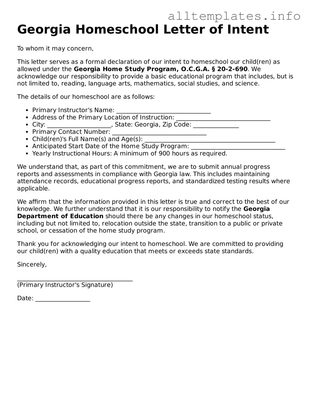 Attorney-Approved  Homeschool Letter of Intent Document for Georgia