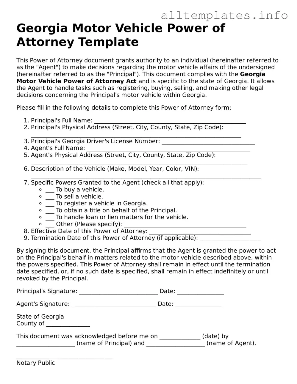 Attorney-Approved  Motor Vehicle Power of Attorney Document for Georgia