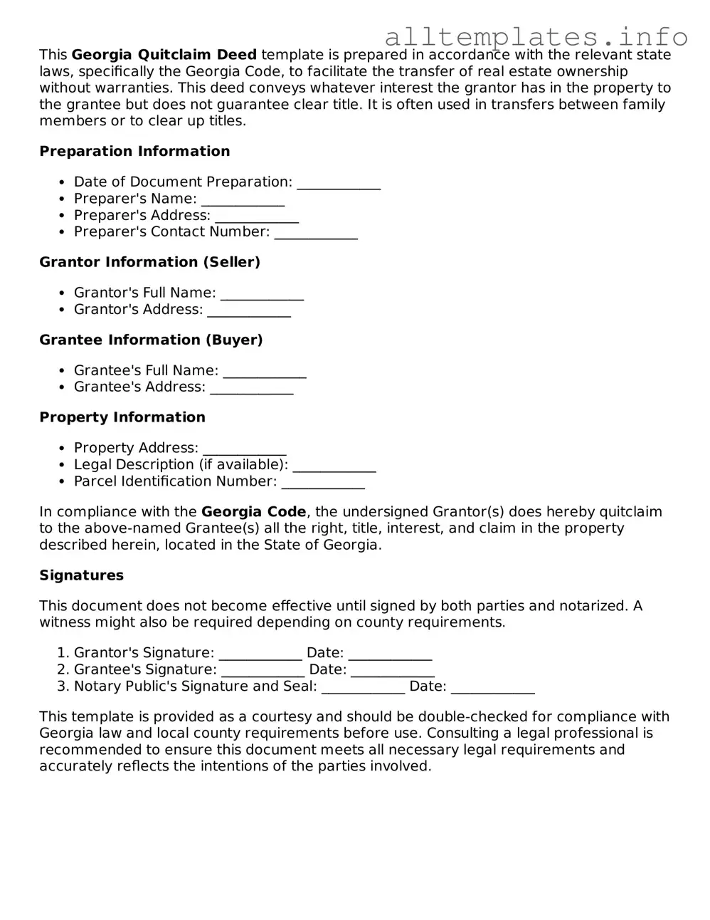 Attorney-Approved  Quitclaim Deed Document for Georgia