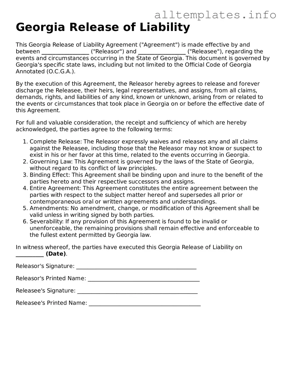 Attorney-Approved  Release of Liability Document for Georgia