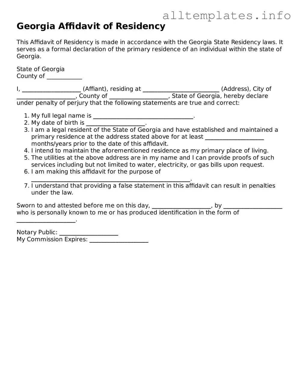 Attorney-Approved  Affidavit of Residency Document for Georgia
