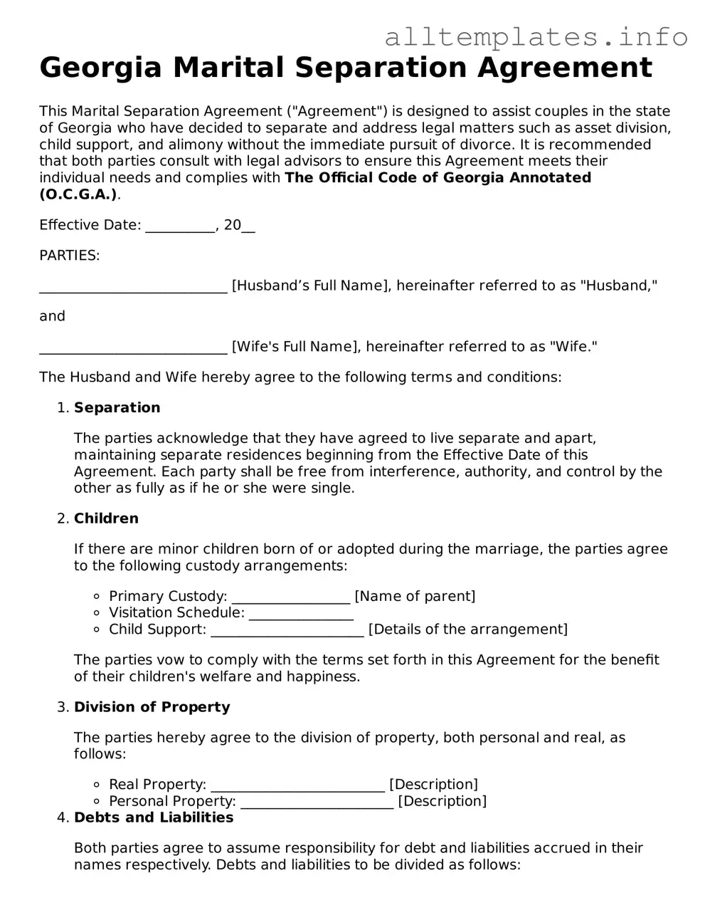 Attorney-Approved  Marital Separation Agreement Document for Georgia