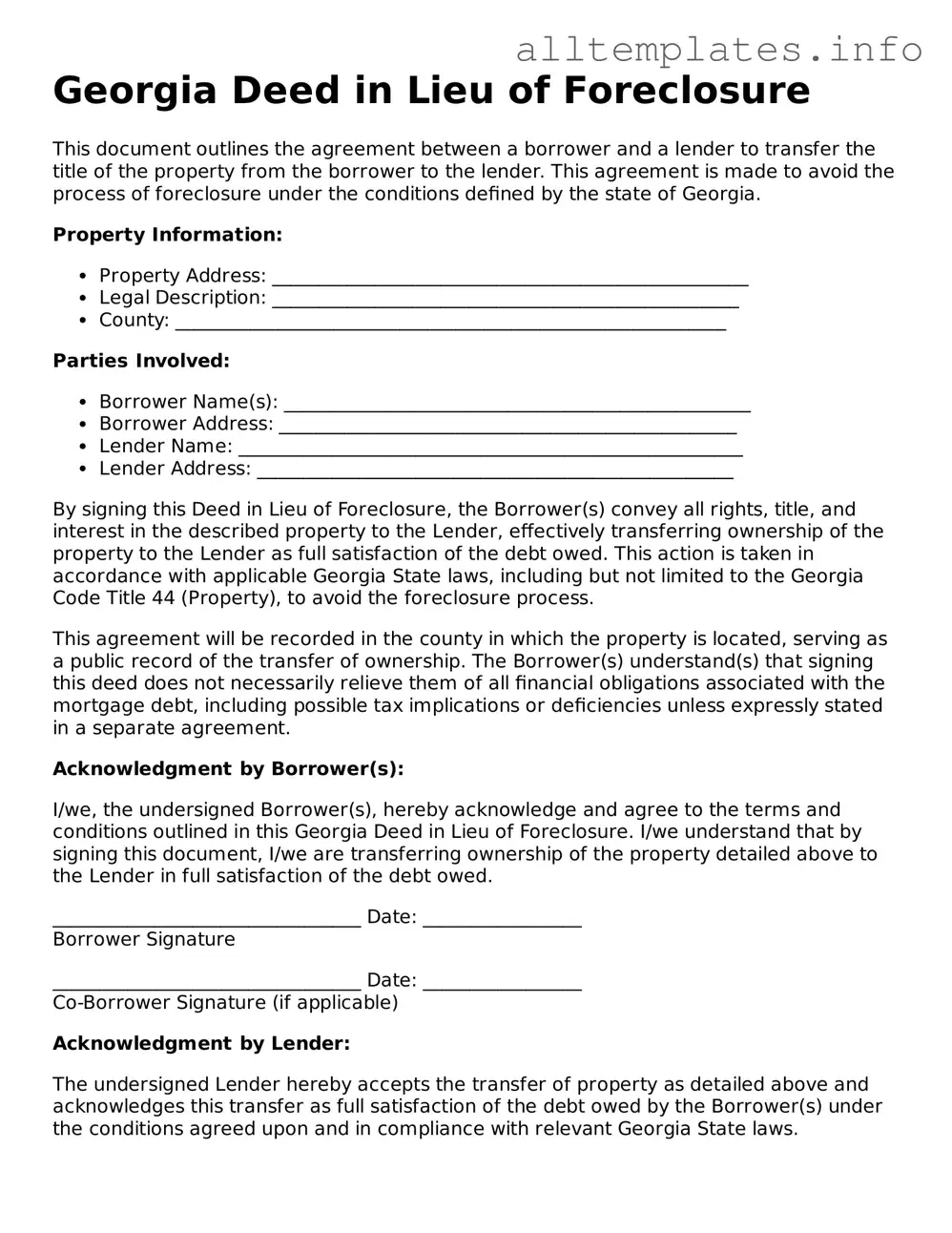 Attorney-Approved  Deed in Lieu of Foreclosure Document for Georgia