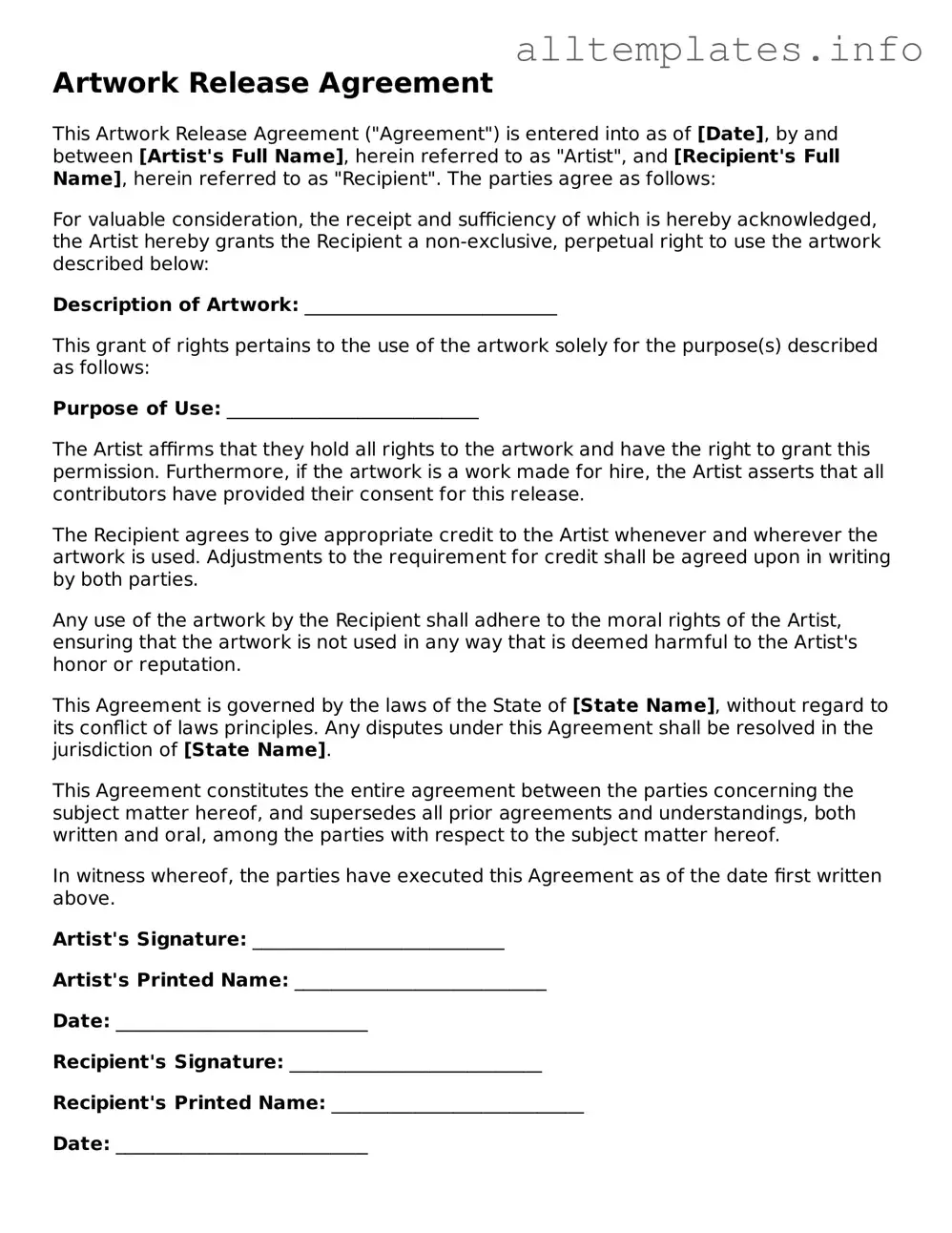 Fillable Artwork Release Document