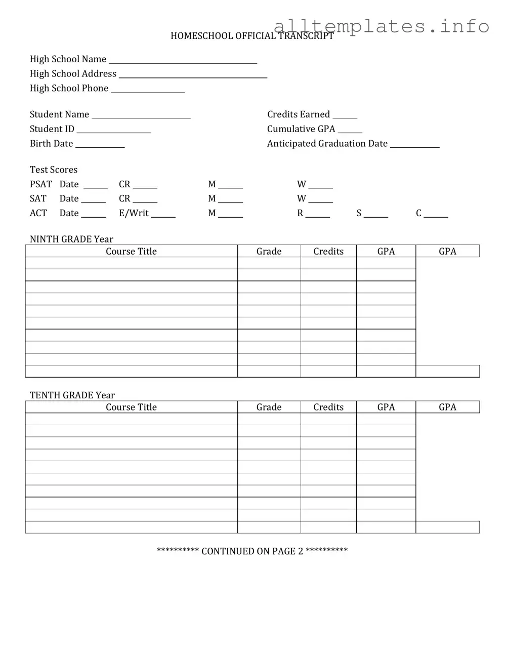 Fill Your High School Transcript Template
