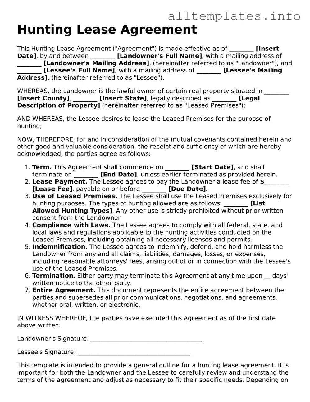 Fillable Hunting Lease Agreement Document