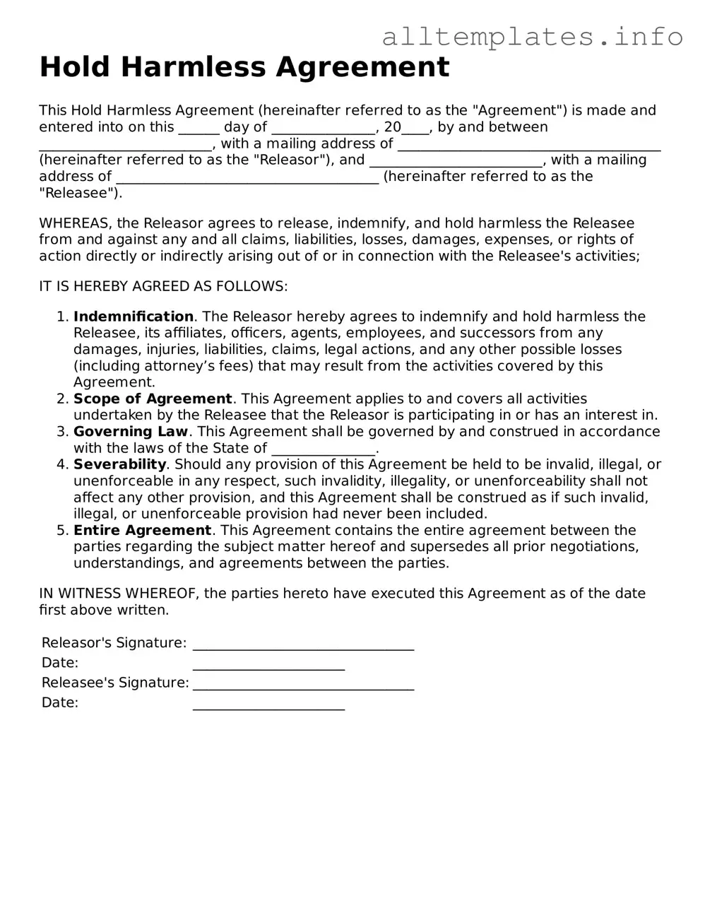 Fillable Hold Harmless Agreement Document