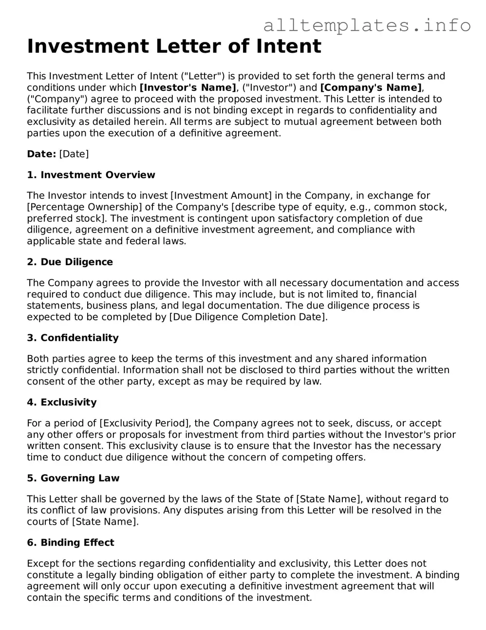 Fillable Investment Letter of Intent Document
