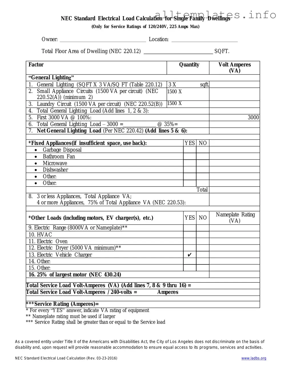 Fill Your LADBS NEC Standard Electrical Load Calculation Template