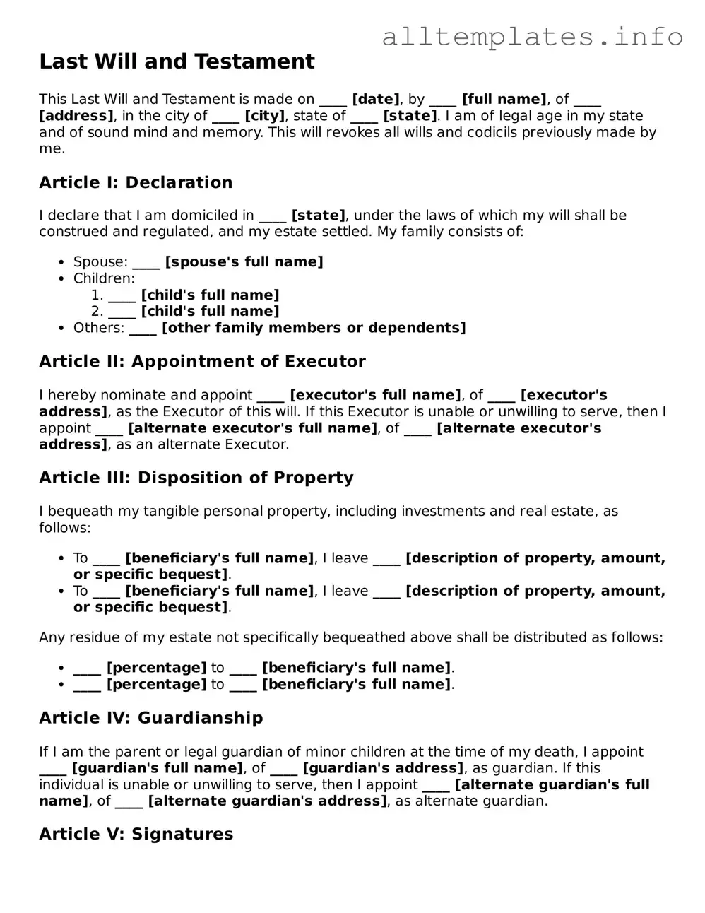 Fillable Last Will and Testament Document
