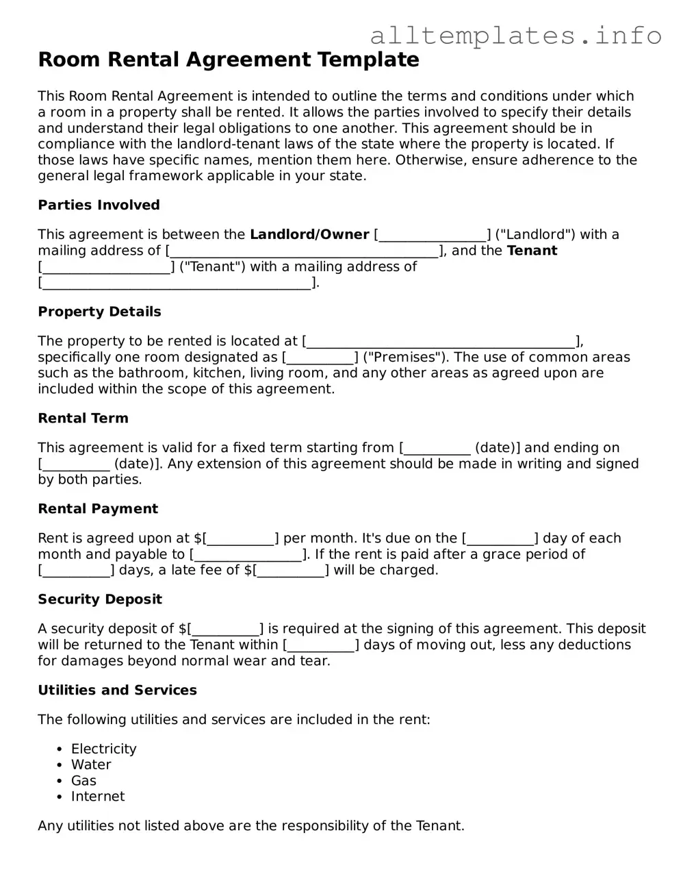 Fillable Room Rental Agreement Document