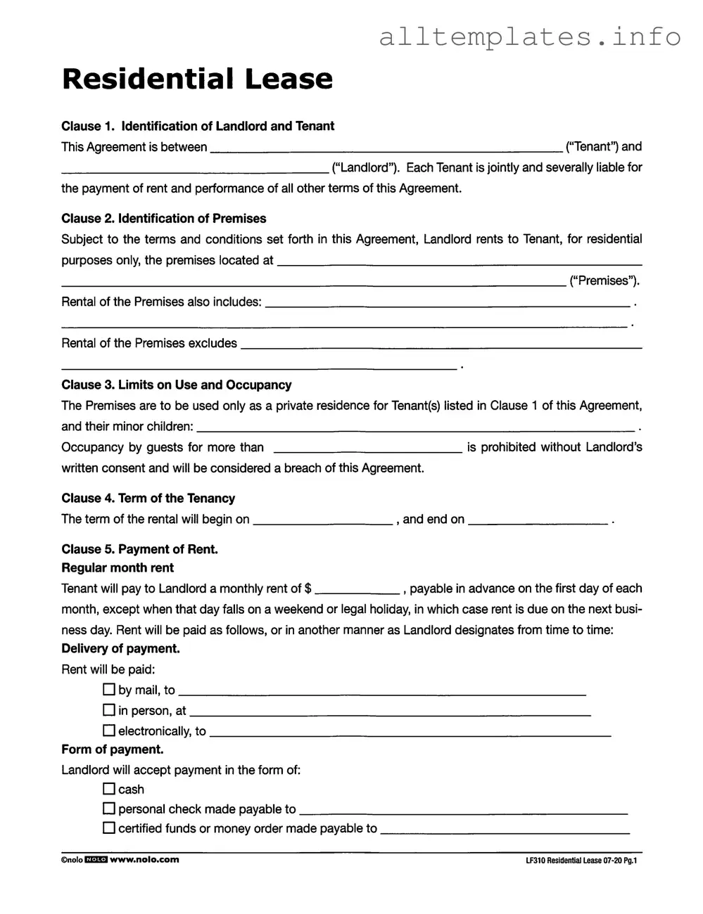 Fill Your Lf310 Residential Lease Template