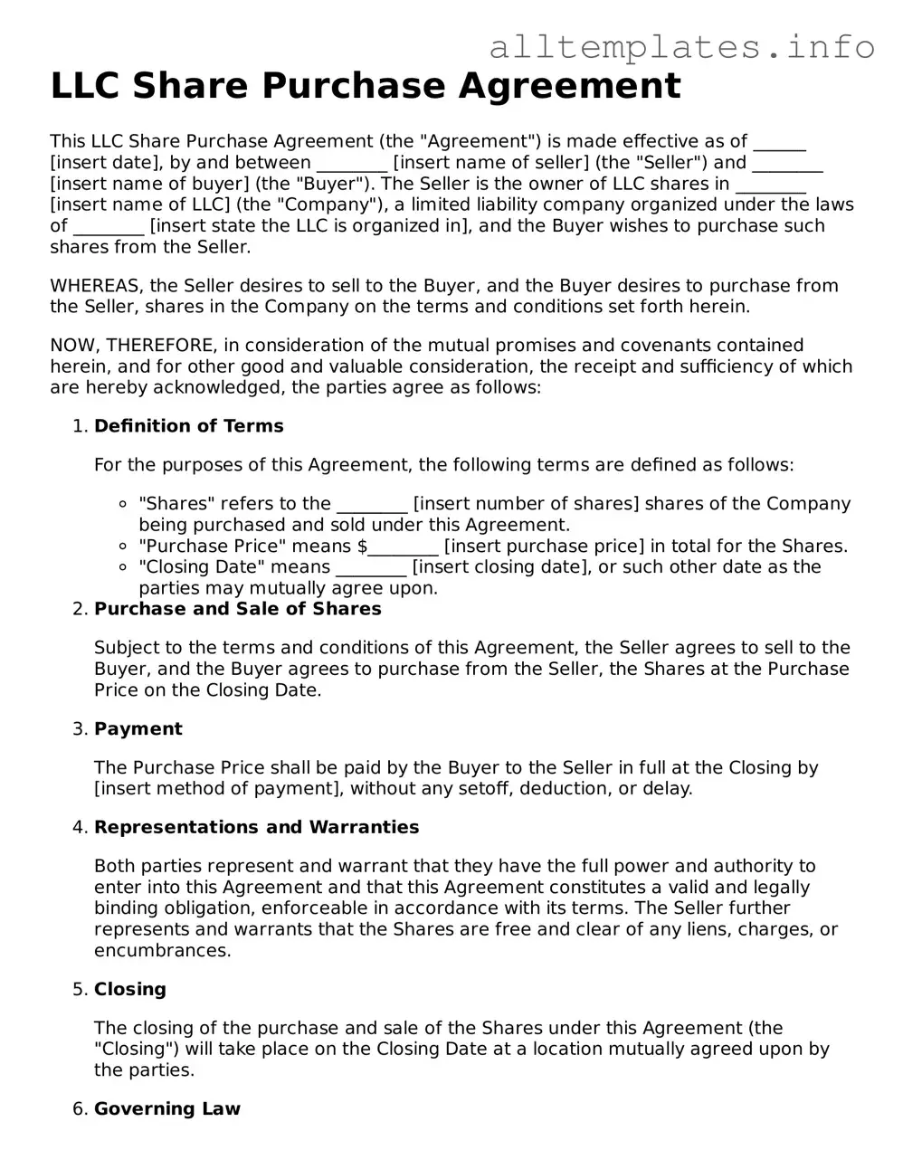 Fillable LLC Share Purchase Agreement Document