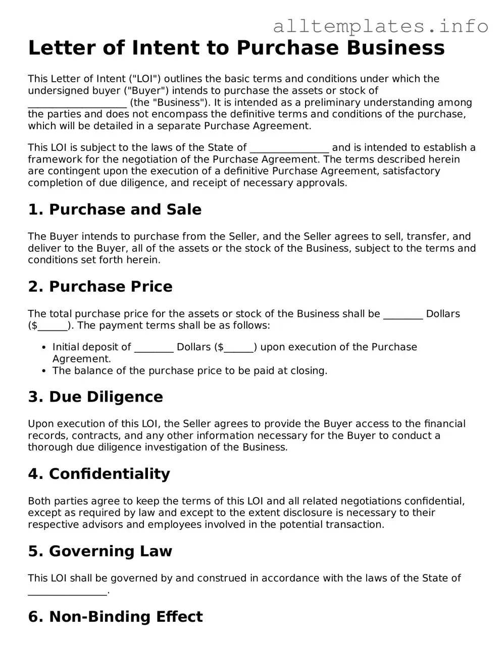 Fillable Letter of Intent to Purchase Business Document