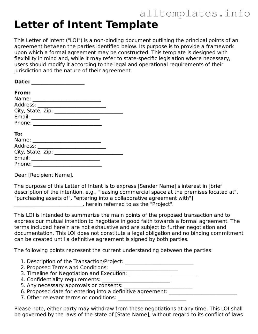 Fillable Letter of Intent Document