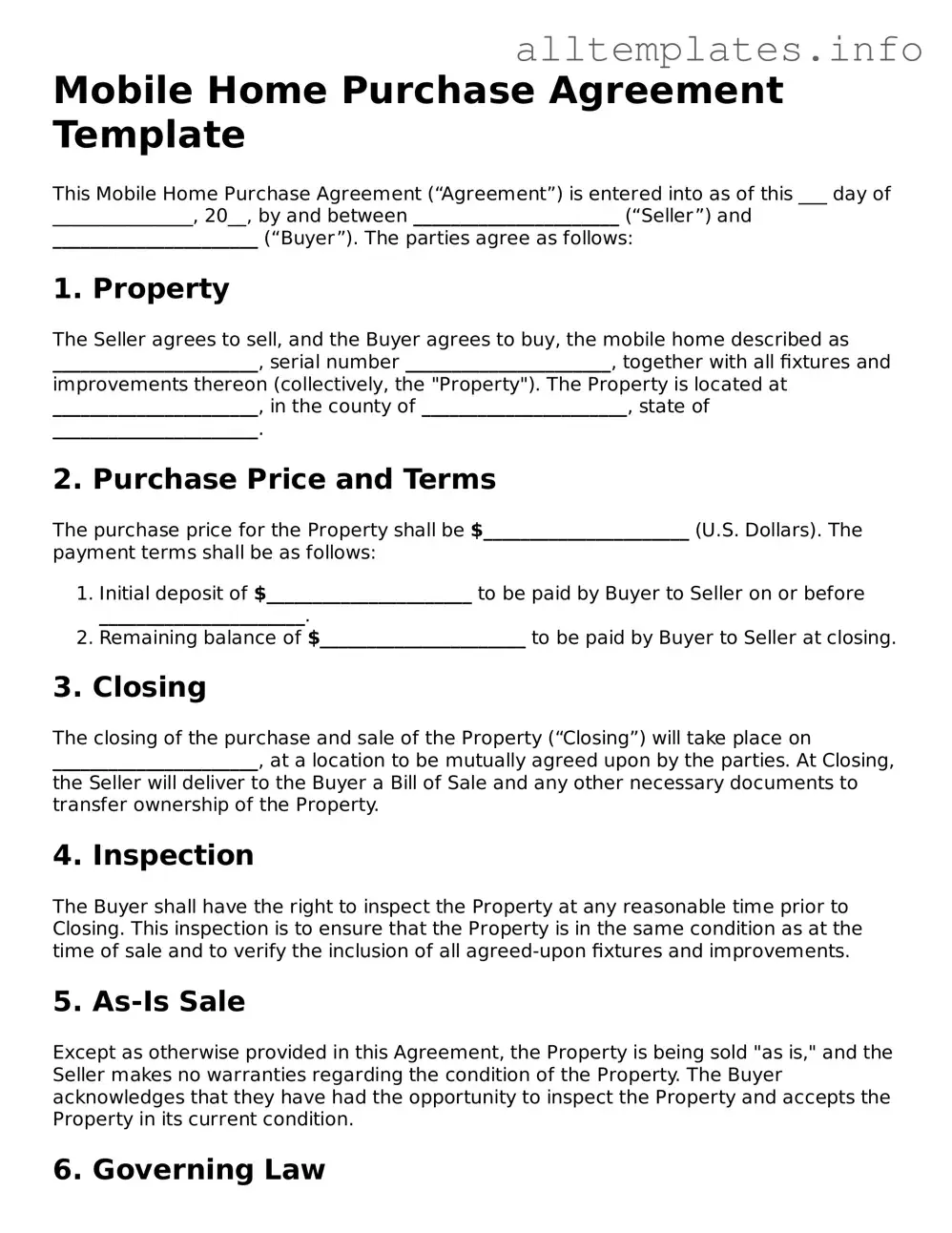 Fillable Mobile Home Purchase Agreement Document