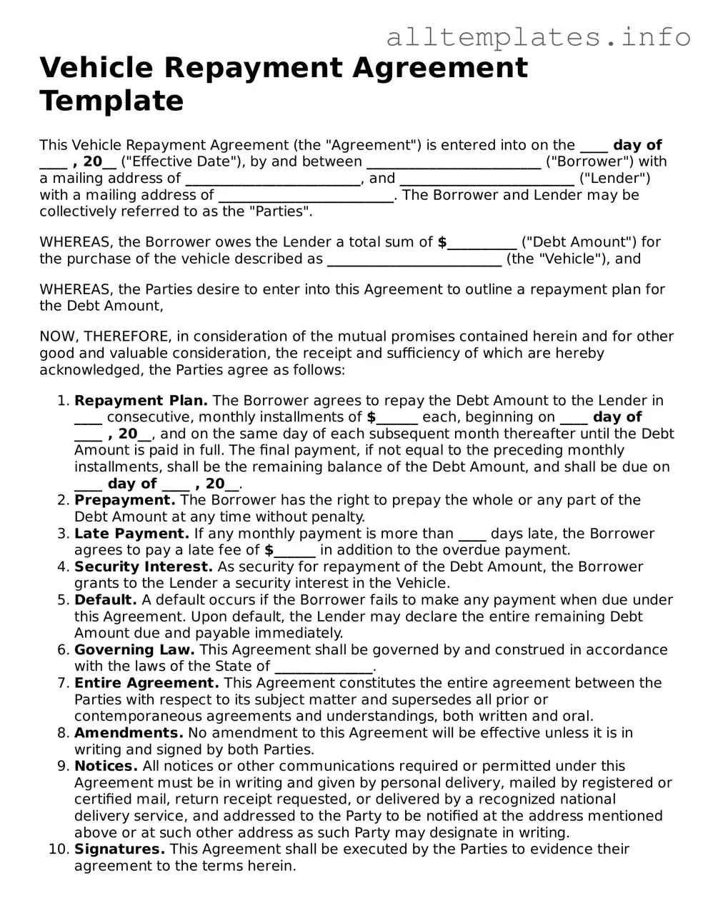 Fillable Vehicle Repayment Agreement Document