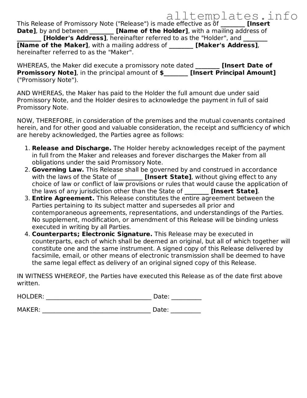 Fillable Release of Promissory Note Document