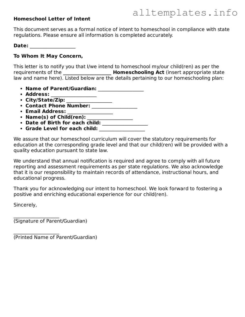 Fillable Homeschool Letter of Intent Document