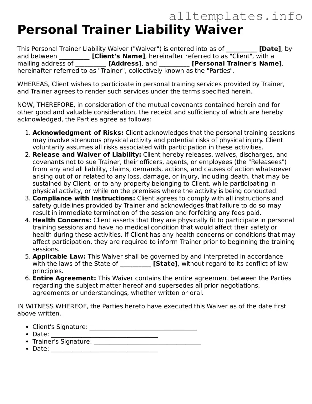 Fillable Personal Trainer Liability Waiver Document