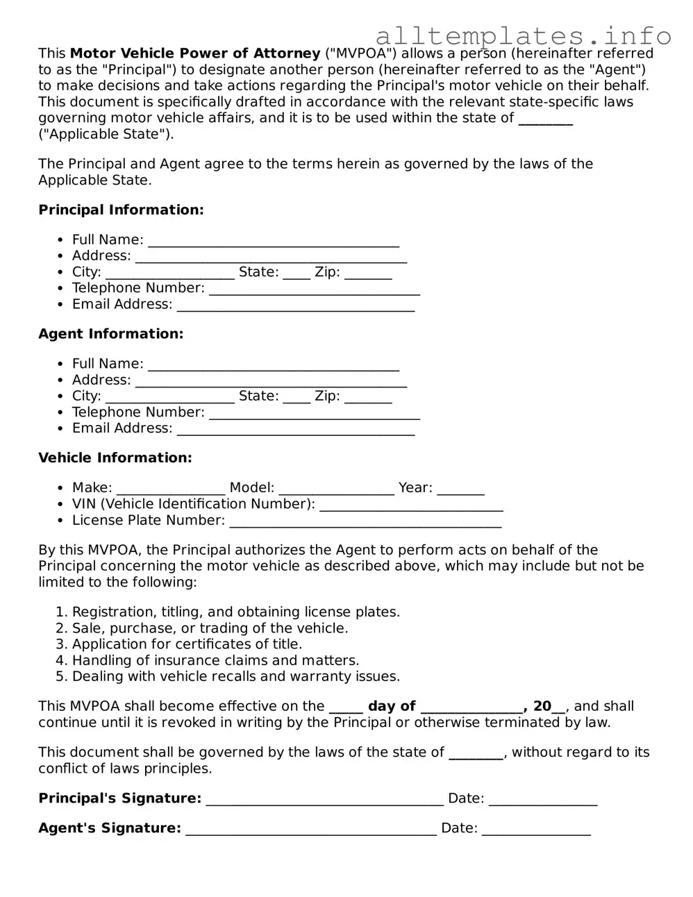 Fillable Motor Vehicle Power of Attorney Document