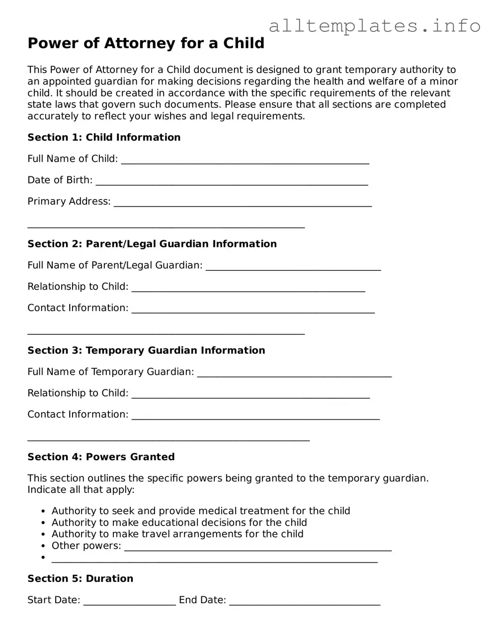 Fillable Power of Attorney for a Child Document