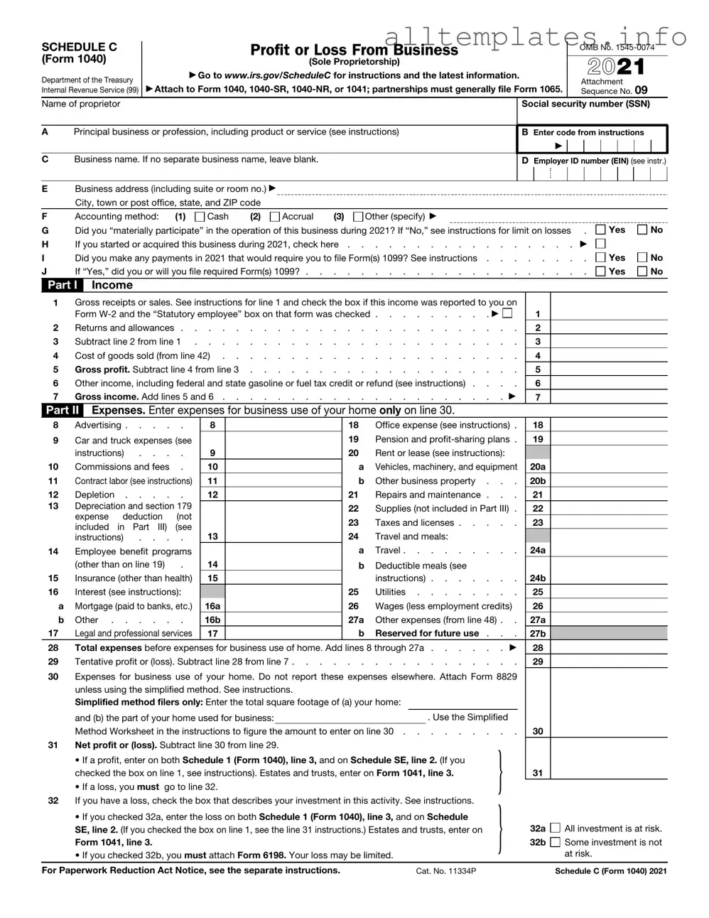Fill Your IRS Schedule C 1040 Template