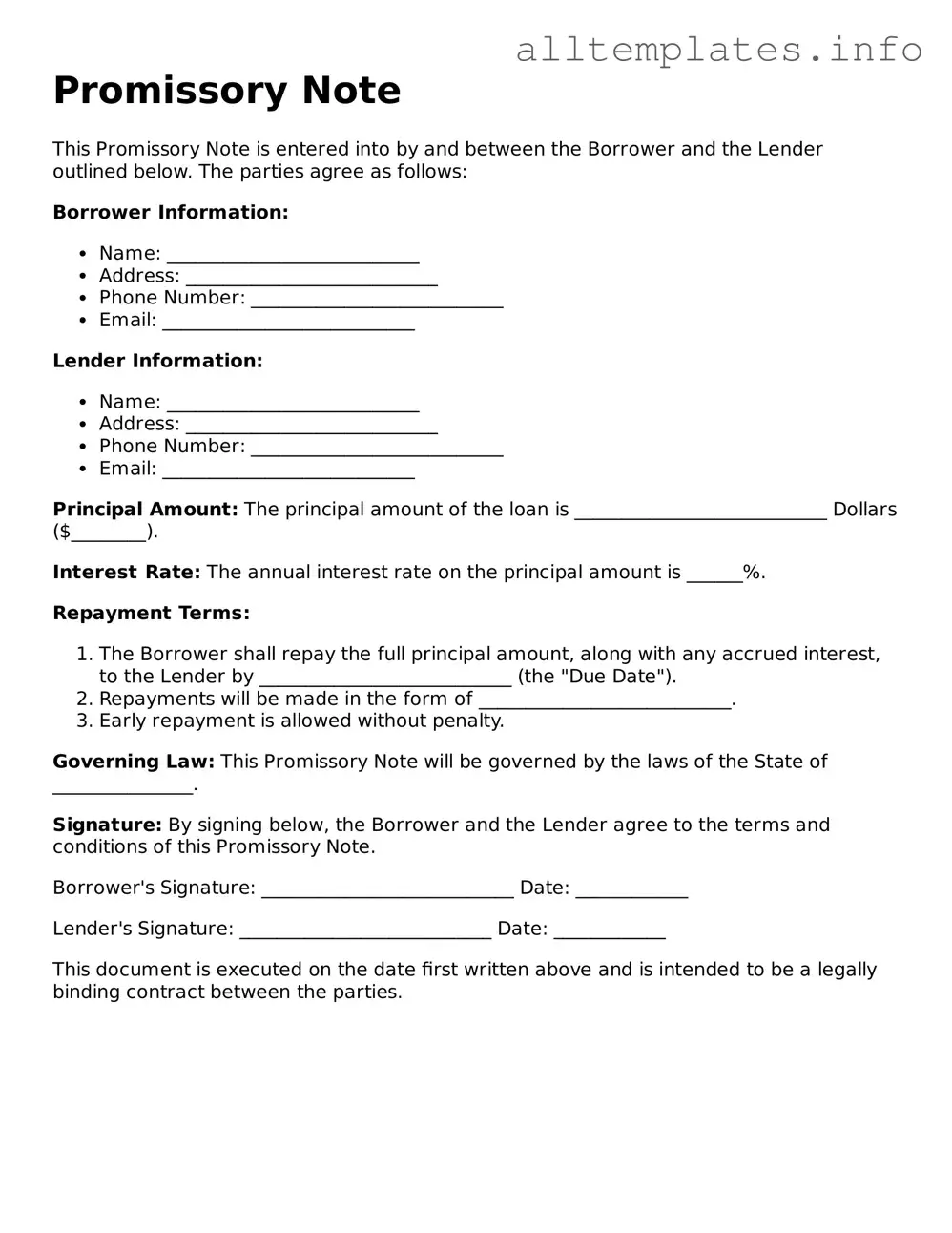 Fillable Promissory Note Document