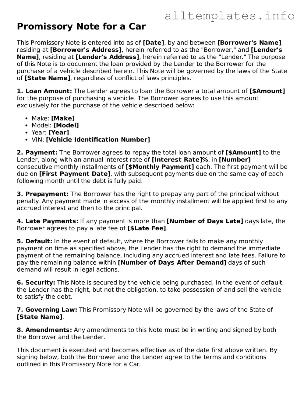 Fillable Promissory Note for a Car Document