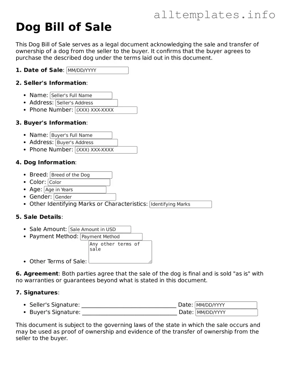 Fillable Dog Bill of Sale Document