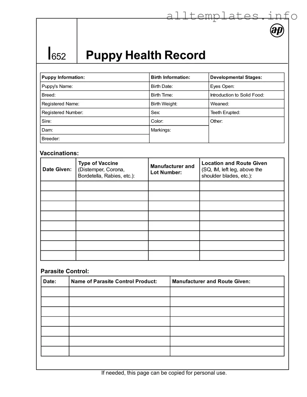 Fill Your Puppy Health Record Template