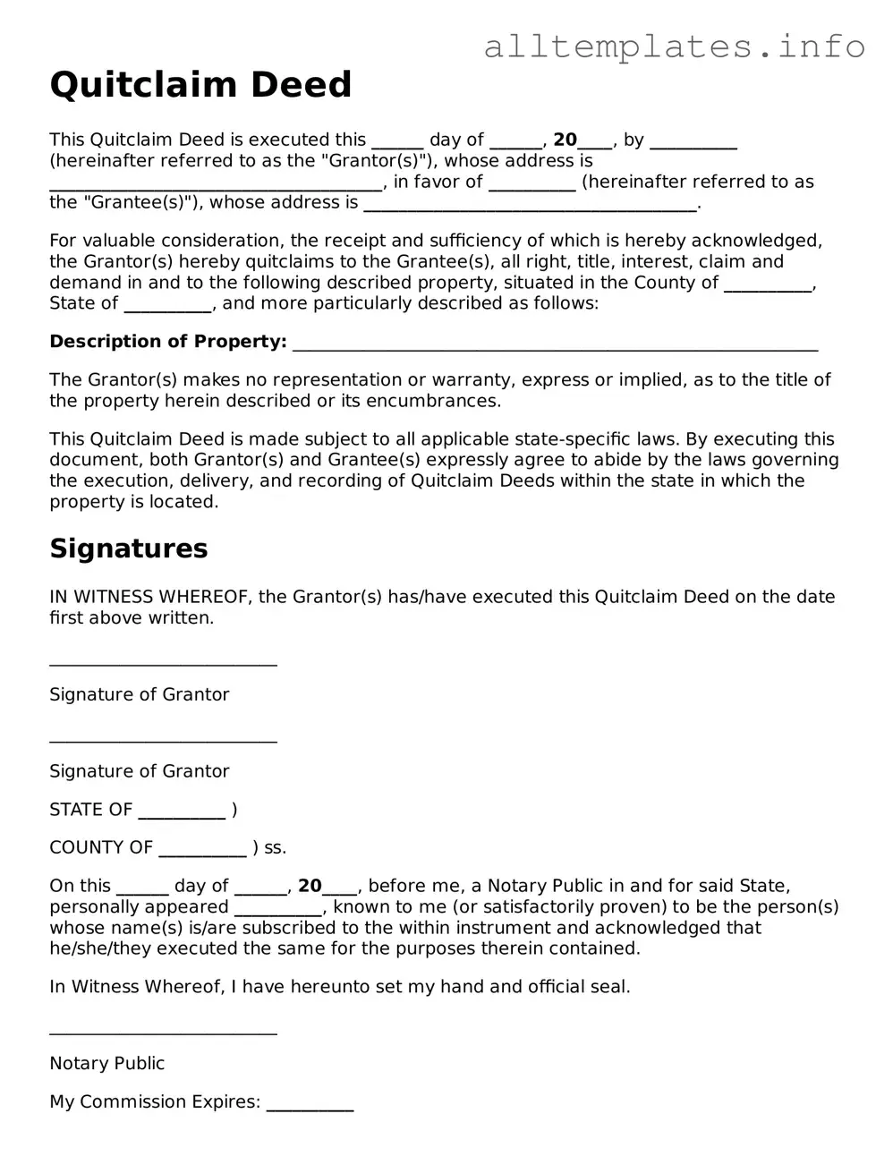 Fillable Quitclaim Deed Document