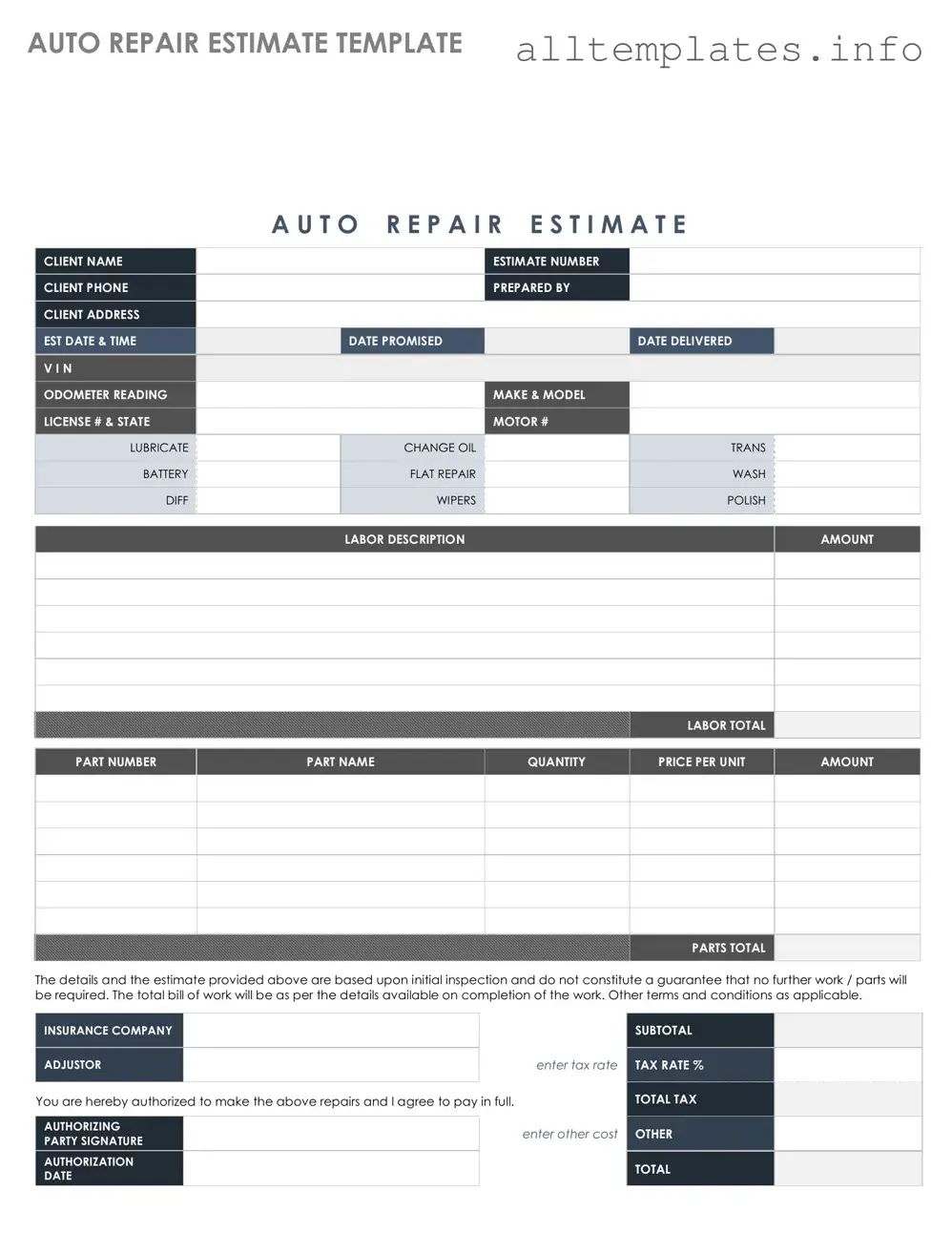 Fill Your Auto Repair Estimate Template