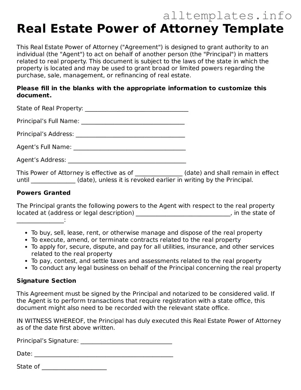 Fillable Real Estate Power of Attorney Document