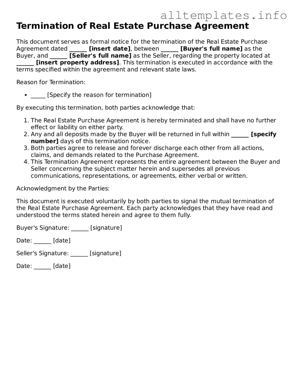 Fillable Termination of Real Estate Purchase Agreement Document