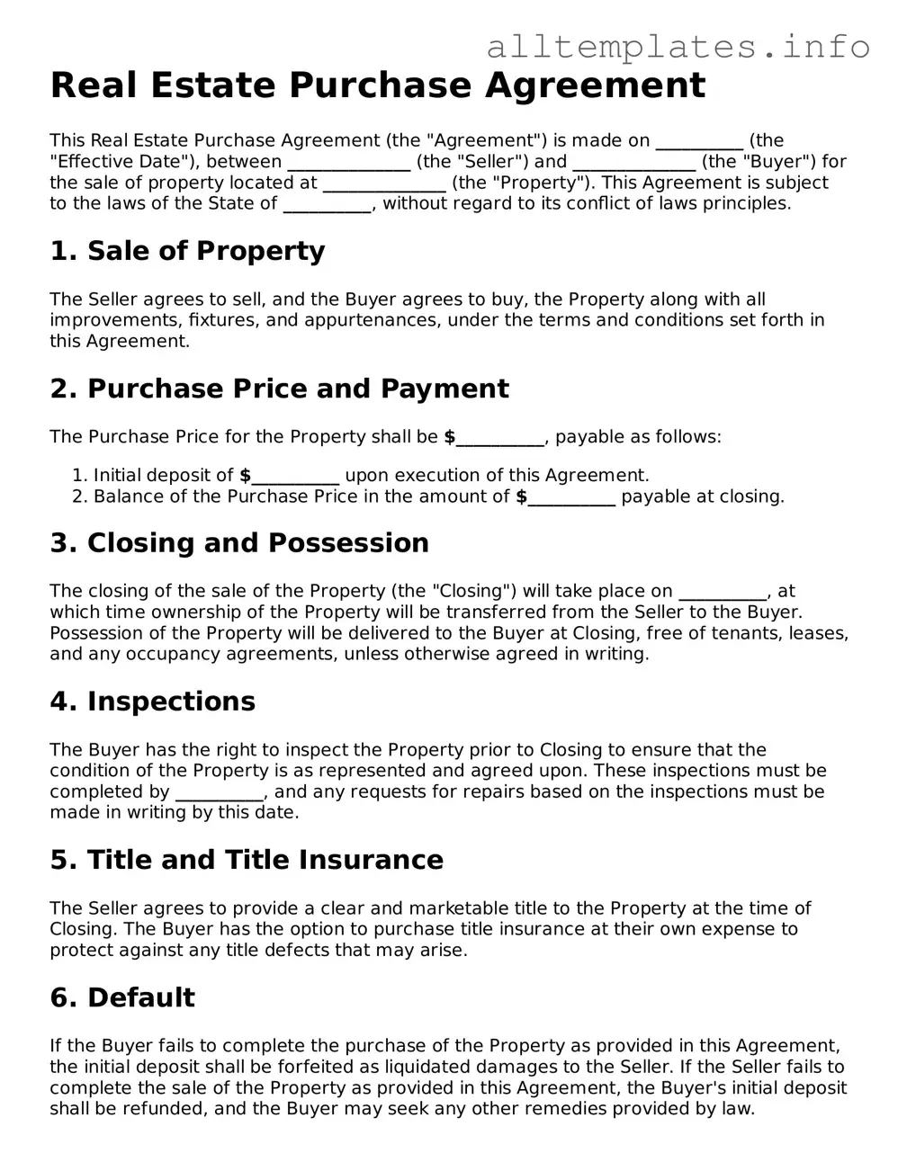 Fillable Real Estate Purchase Agreement Document