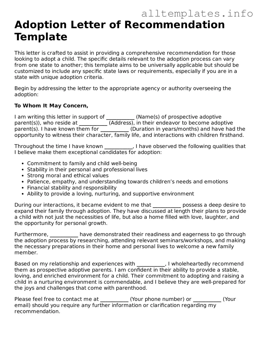 Fillable Adoption Letter of Recommendation Document