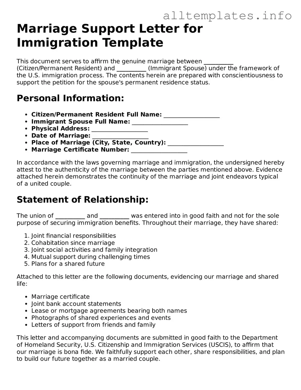 Fillable Marriage Support Letter for Immigration Document