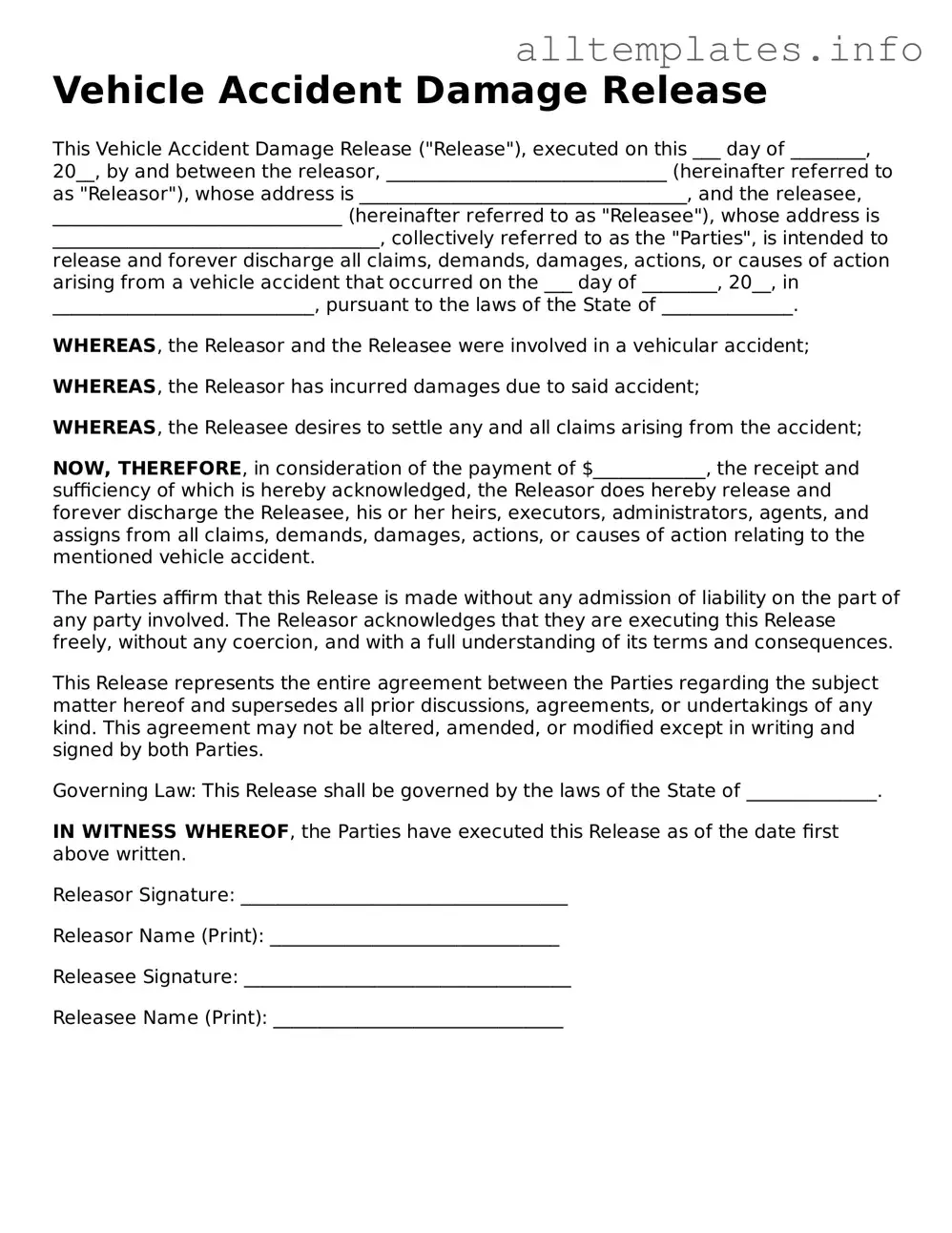 Fillable Vehicle Accident Damage Release Document