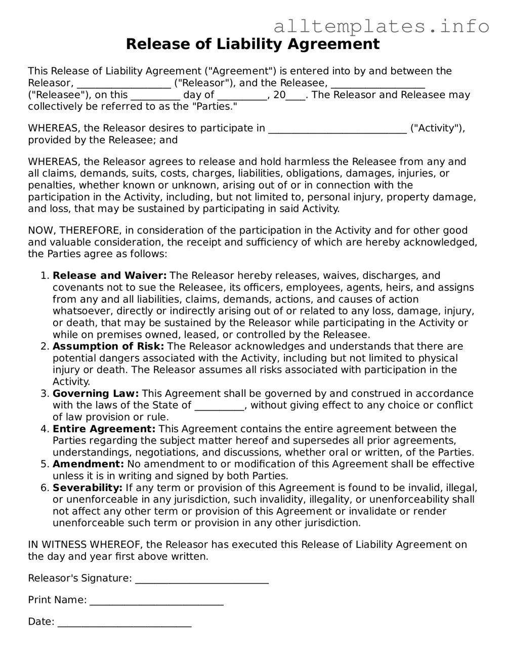 Fillable Release of Liability Document
