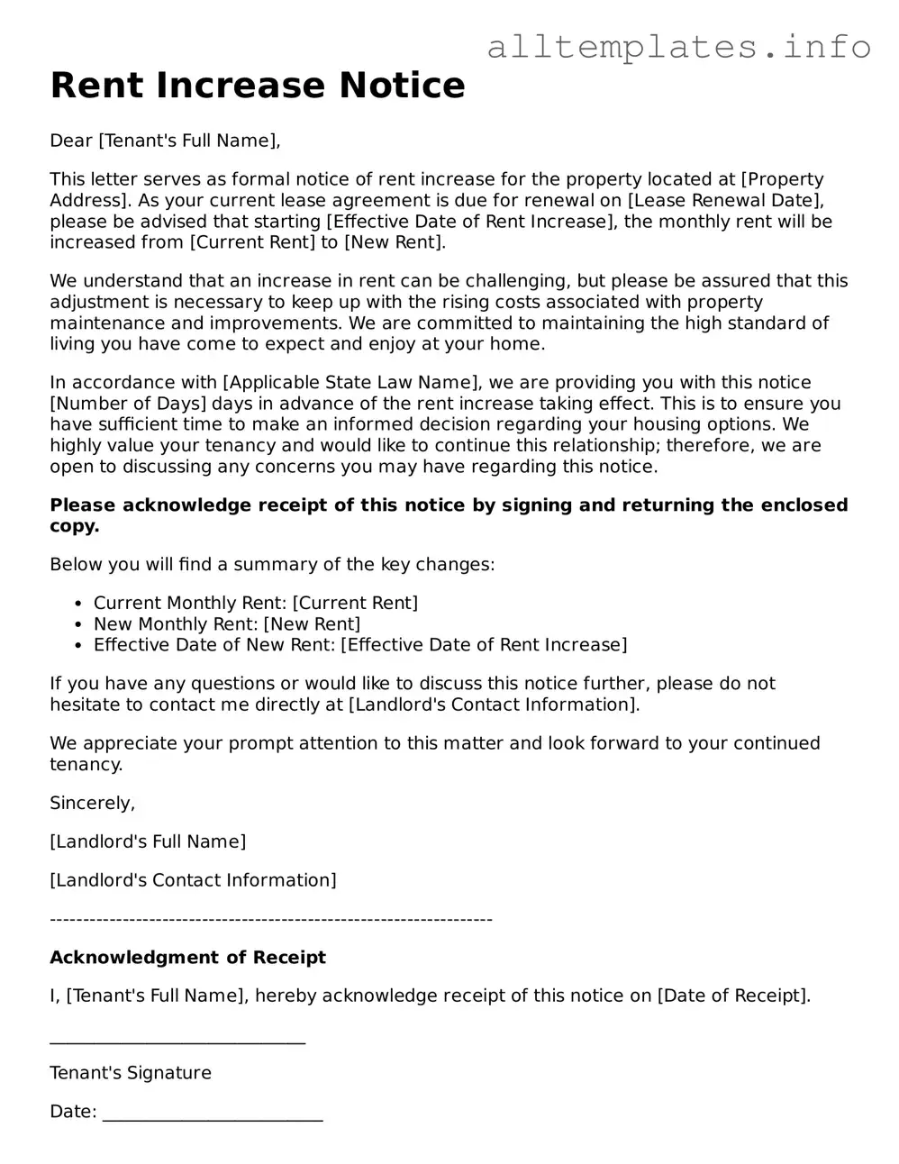 Fillable Rent Increase Letter Document