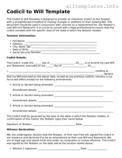 Fillable Codicil to Will Document