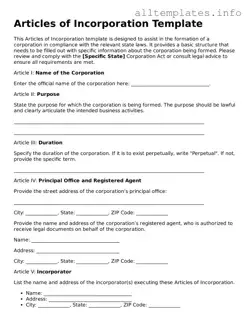 Fillable Articles of Incorporation Document