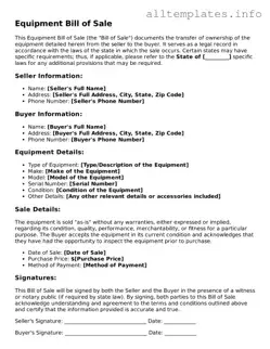 Fillable Equipment Bill of Sale Document