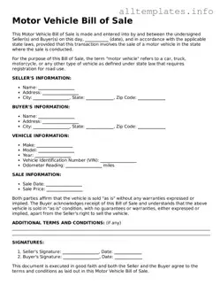 Fillable Motor Vehicle Bill of Sale Document