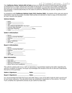 Attorney-Approved  Motor Vehicle Bill of Sale Document for California