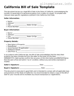 Attorney-Approved  Bill of Sale Document for California